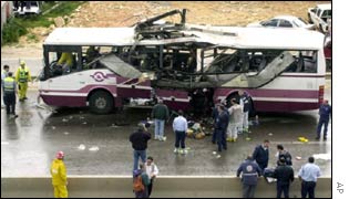 A bus blown up by a suicide bomber in the Arab Israeli town of Um el Fahm