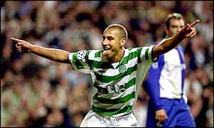 Celtic's Henrik Larsson celebrates a goal against FC Porto in last season's UEFA Champions League