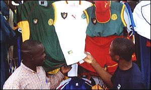Traders selling Cameroon shirts in the country's capital Yaounde