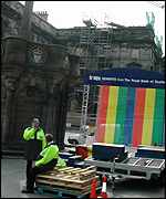 Make-shift stage on the Edinburgh's Royal Mile