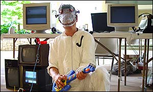 Jackal playing a toy guitar