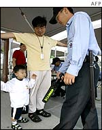 A father and son being checked in South Korea