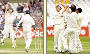 England's Matthew Hoggard celebrates after taking the wicket of Wasim Jaffer