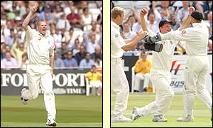 Matthew Hoggard (left) and debutant Robert Key celebrate after taking the wicket of Rahul Dravid