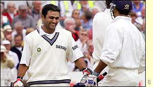 Virender Sehwag celebrates with Sourav Ganguly