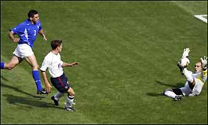 Owen opens the scoring against Brazil in the 2002 World Cup