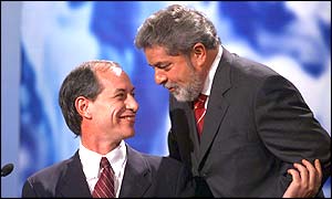 Brazilian left-winger Luiz Inacio Lula da Silva (right) and running mate Ciro Gomes 
