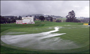 The flooded 18th green of the Wentwood Hills course at Celtic Manor