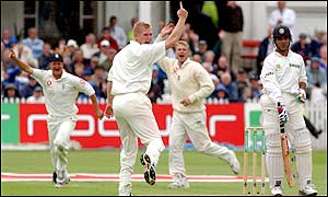 Ganguly departs for 68 after being caught behind by Alec Stewart