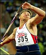 Steve Backley launches his javelin in the Munich final 