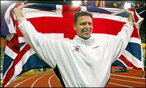 Britain's Steve Backley celebrates his fourth straight European gold