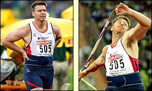 Steve Backley throws the javelin in the final 