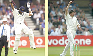 Harbhajan Singh and Steve Harmison in action at Trent Bridge