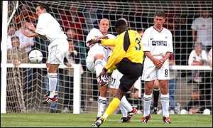 Onandi Lowe fires home Rushden's first goal