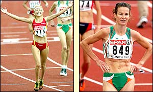 Ireland's Sonia O'Sullivan (right) had looked on course to win the 5000m but was pipped in the closing stages by Spain's Marta Dominguez