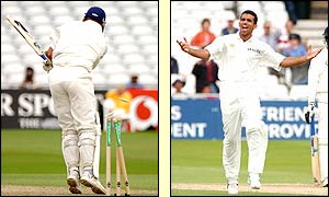 Alec Stewart (left) is bowled by India's Zaheer Khan