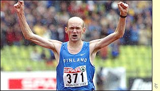 Finland Janne Holmen wins the men's marathon with Pavel Loskutov of Estonia and Spain's Julio Rey second and third