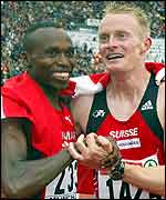Wilson Kipketer is congratulated by Andre Bucher 