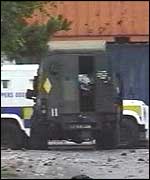 Police land rover in east Belfast following a sectarian riot