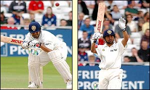 Sachin Tendulkar signals to the pavilion after he dodges a bouncer from England's Steve Harmison
