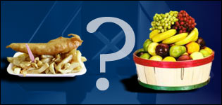 Fish and chips and bowl of fruit