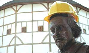 Shakespeare in a hard hat outside London's Globe Theatre