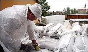 Sandbags piled up on Kampa island