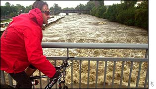 Cyclist at Vltava river in central Prague 