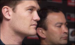 Australia winger Ben Tune and coach Eddie Jones face the media in Durban