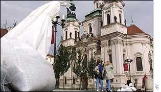 Sandbag in front of the Old Town Square