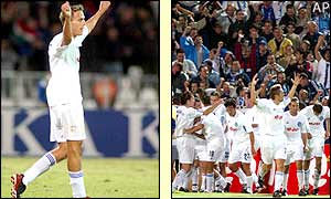 Bela Koplarovic (left) delights Zalaegerszeg team-mates and fans with a 90th minute goal 