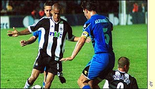 Newcastle midfielder Kieron Dyer in action against Zeljeznicar Sarajevo