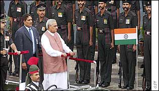 Indian prime minister Atal Behari Vajpayee inspecting a guard of honour on India's 55th anniversary of independence