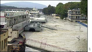 Danube river cruises moored at the river bank in Bratislava