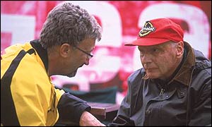 Eddie Jordan with Jaguar and Cosworth boss Niki Lauda