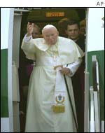 John Paul II greats the crowd at Balice airport near Krakow