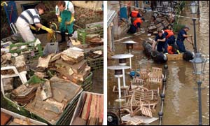 Workers clean rare books at the Karlin depository in Prague AP (left) and PA