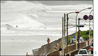 Surfers take advantage of big waves off Japan