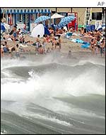 Beachgoers brave winds at Kamakura, southwest of Tokyo