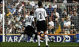 Louis Saha converts the first Fulham penalty at Loftus Road 