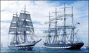 British training ship Stavros S Niarchos (left) passes the Russian square rigger Kruzenshtern 