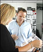 Ms Winser chats to Pringle's archivist