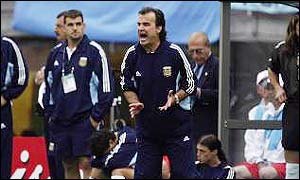A worried Marcelo Bielsa screams at his underperforming team during the World Cup 