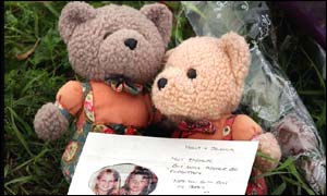 A teddy bear tribute left at the site where the girls' bodies were found near RAF Lakenheath