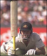 Steve Waugh celebrates his Oval century