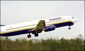 Ryanair airplane takes off