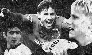 (From lefft to right) Eric Cantona, Andrei Kanchelskis and Peter Schmeichel