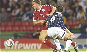 Jesper Gronkaer ghosts past Barry Ferguson