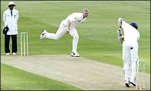 Matthew Hoggard launches an early attack for England