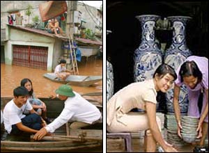Rescuing residents in Hanoi, Vietnam, and starting a clean-up ( photographs courtesy of AP and AFP)